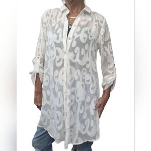 Lilly Pulitzer White Sheer Tunic Blouse Cover Up Button Down Top Size Small